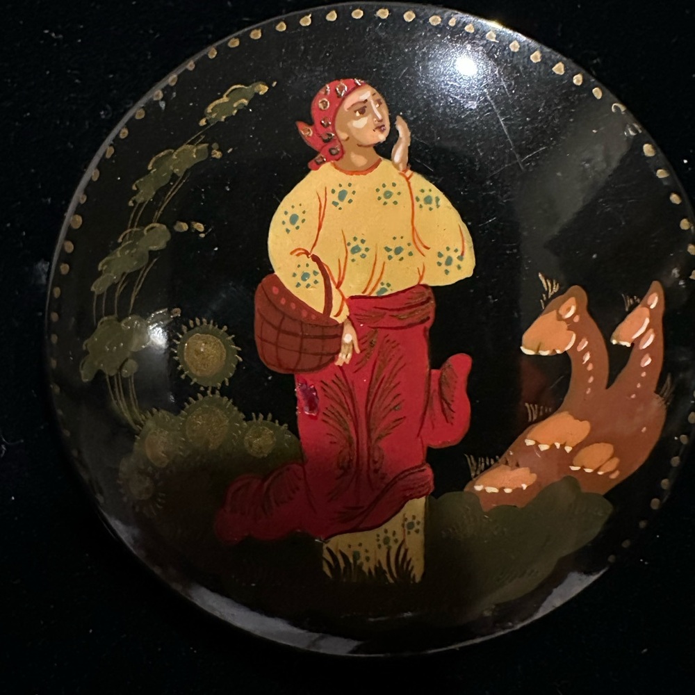 Hand-Painted Decorative Pin with Folk Art Design
